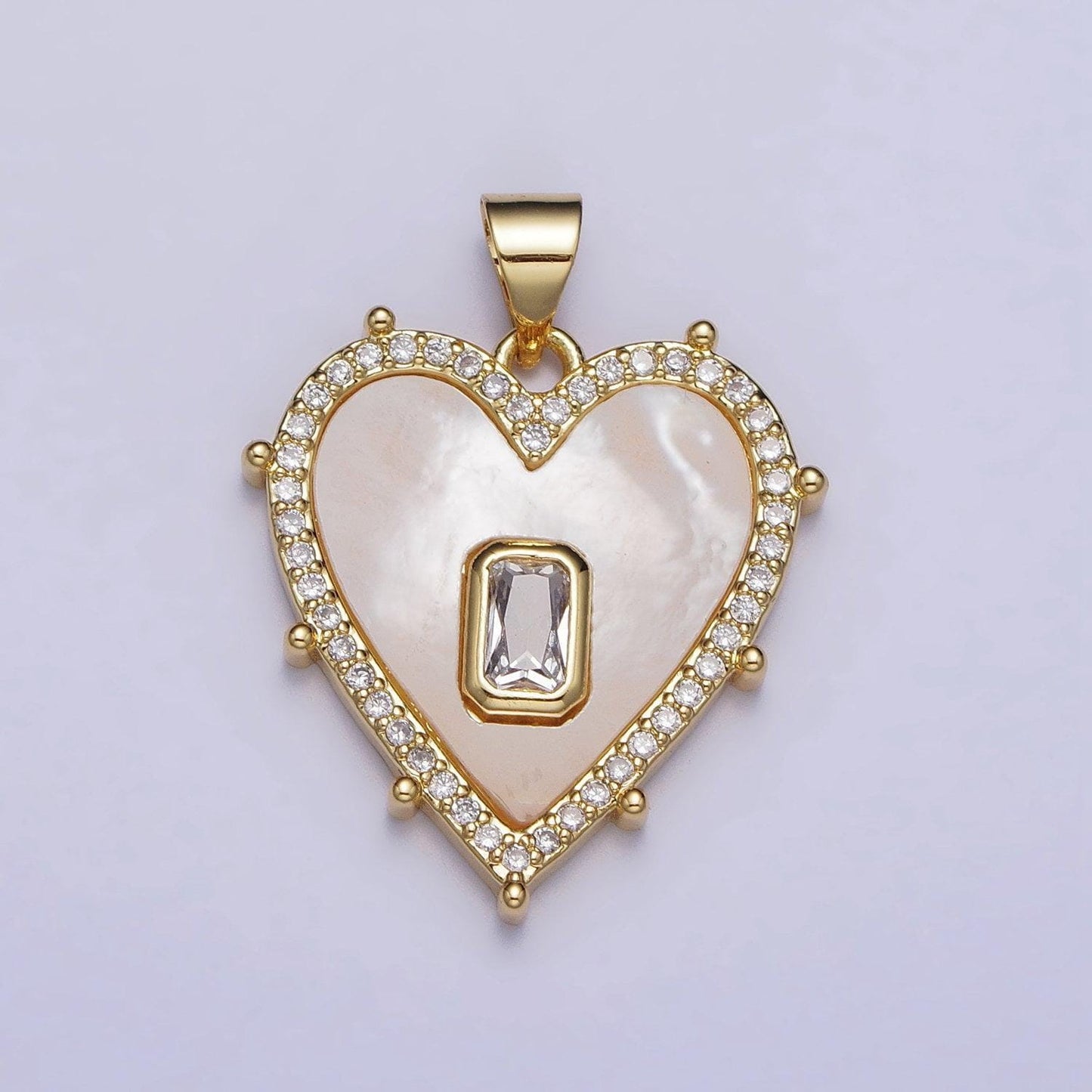 18k gold filled heart pendant silver clear, green baguette shell pearl heart micro paved dotted outline pendant | aa399 aa400, aa405, aa394