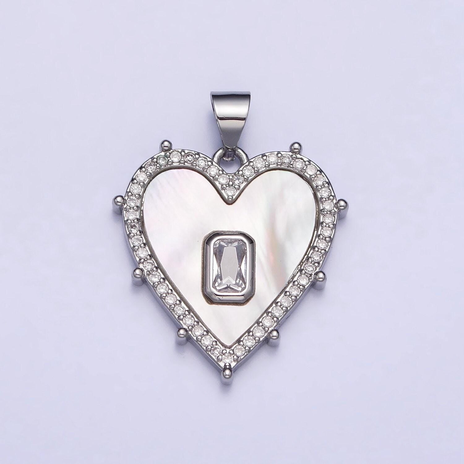 18k gold filled heart pendant silver clear, green baguette shell pearl heart micro paved dotted outline pendant | aa399 aa400, aa405, aa394