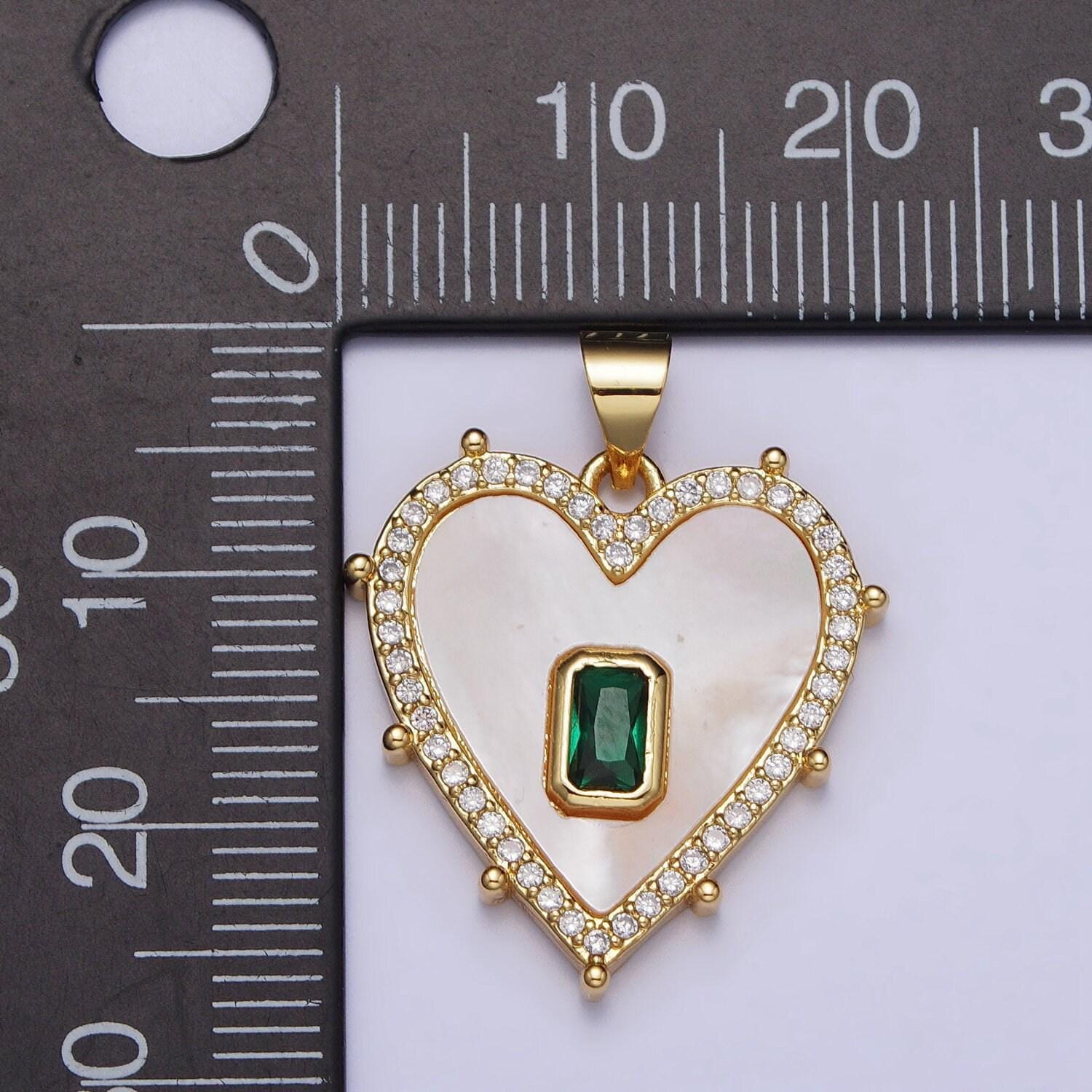 18k gold filled heart pendant silver clear, green baguette shell pearl heart micro paved dotted outline pendant | aa399 aa400, aa405, aa394