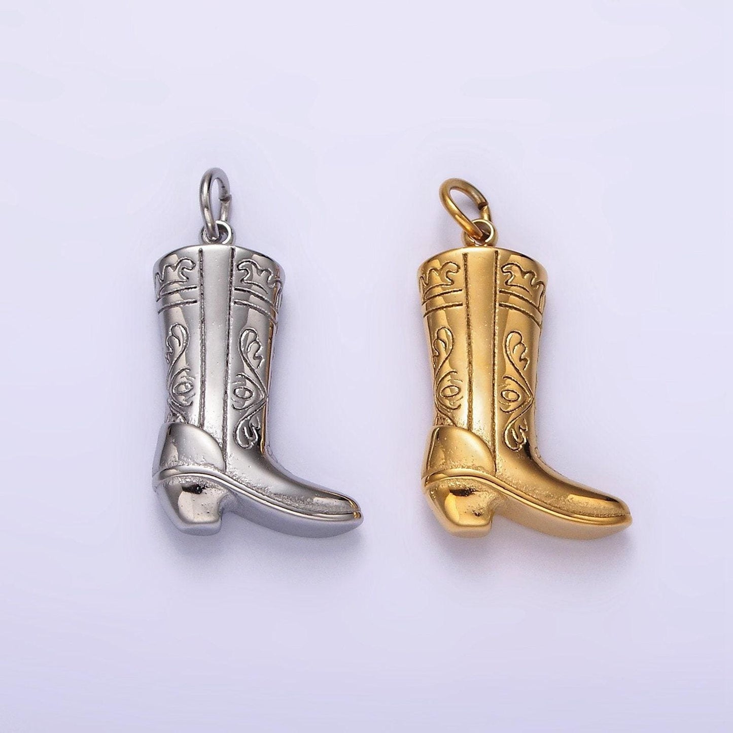 Stainless steel artisan engraved puffed cowboy boots shoes charm in gold & silver | p1273