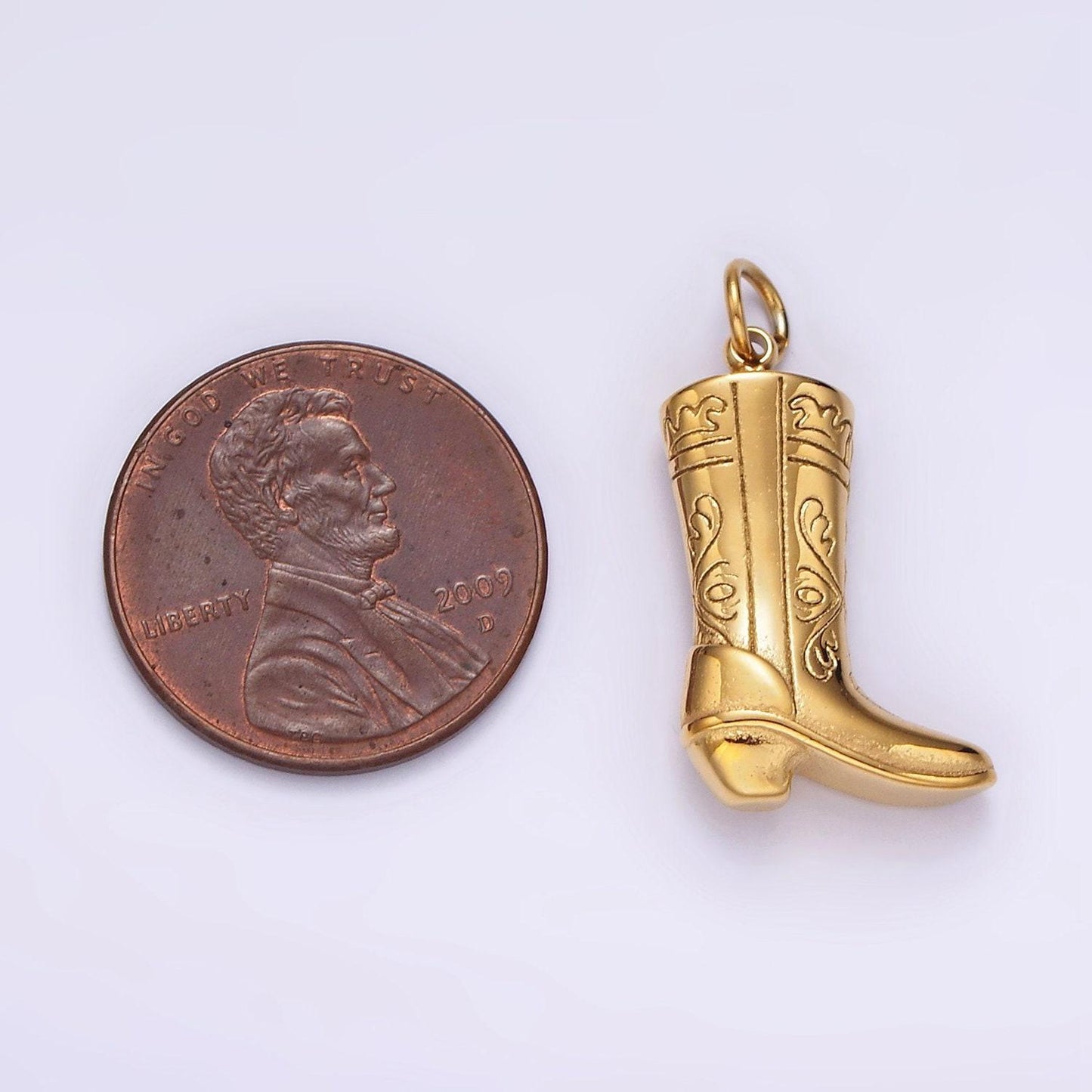 Stainless steel artisan engraved puffed cowboy boots shoes charm in gold & silver | p1273