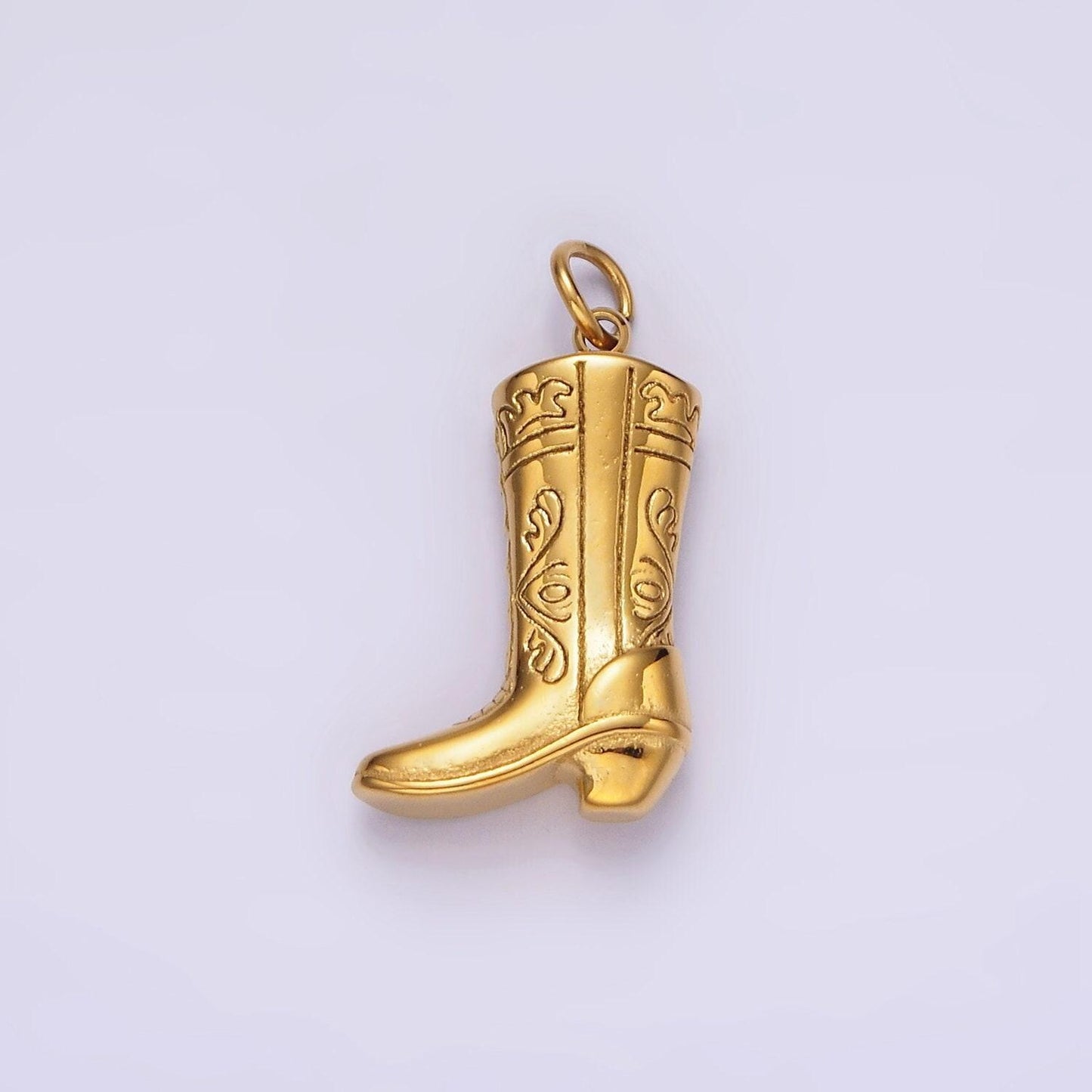 Stainless steel artisan engraved puffed cowboy boots shoes charm in gold & silver | p1273