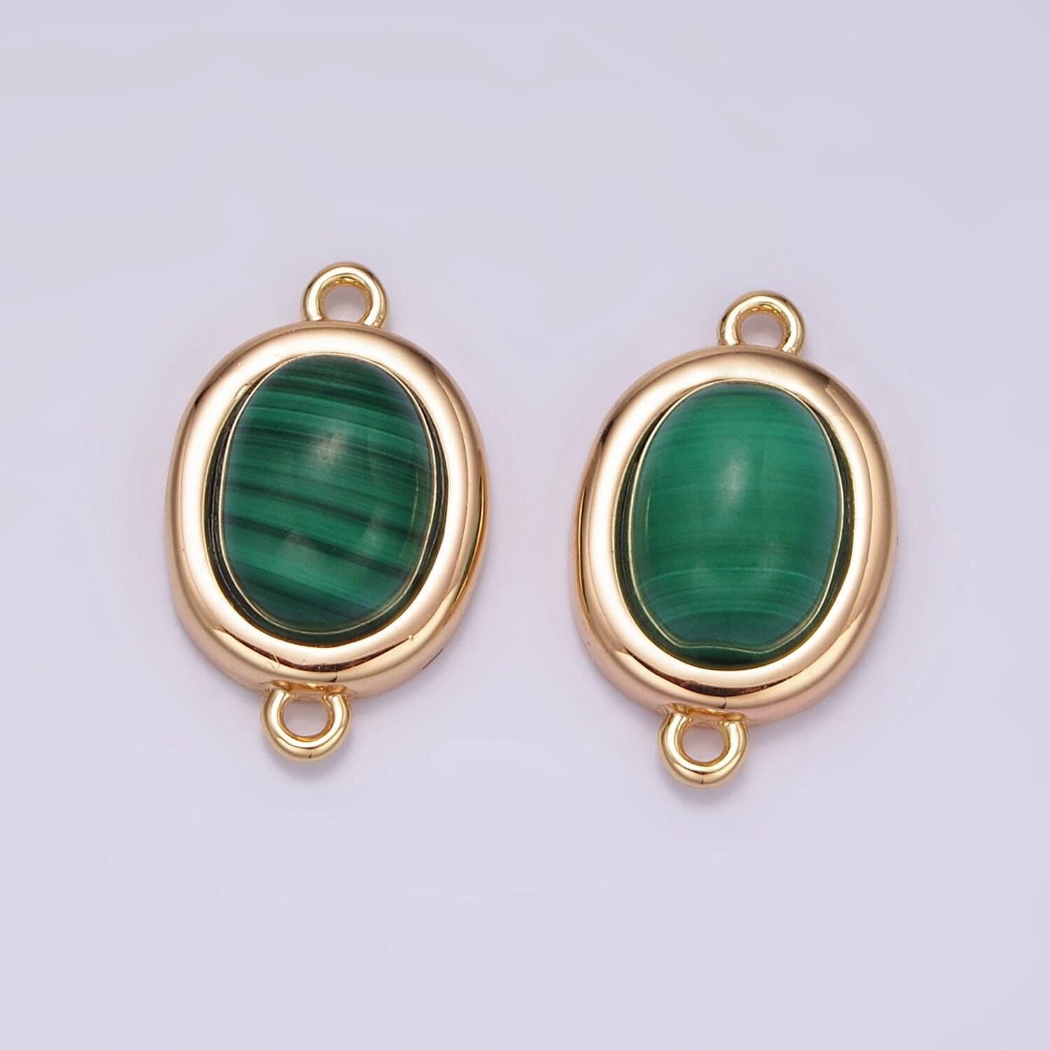 16k gold filled 11mm, 10mm green malachite cabochon bezel connector | y763