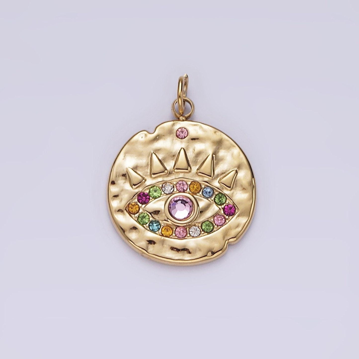 Stainless steel pink multicolor cz evil eye hammered round charm | p627