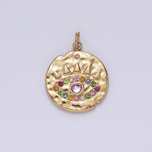 Stainless steel pink multicolor cz evil eye hammered round charm | p627