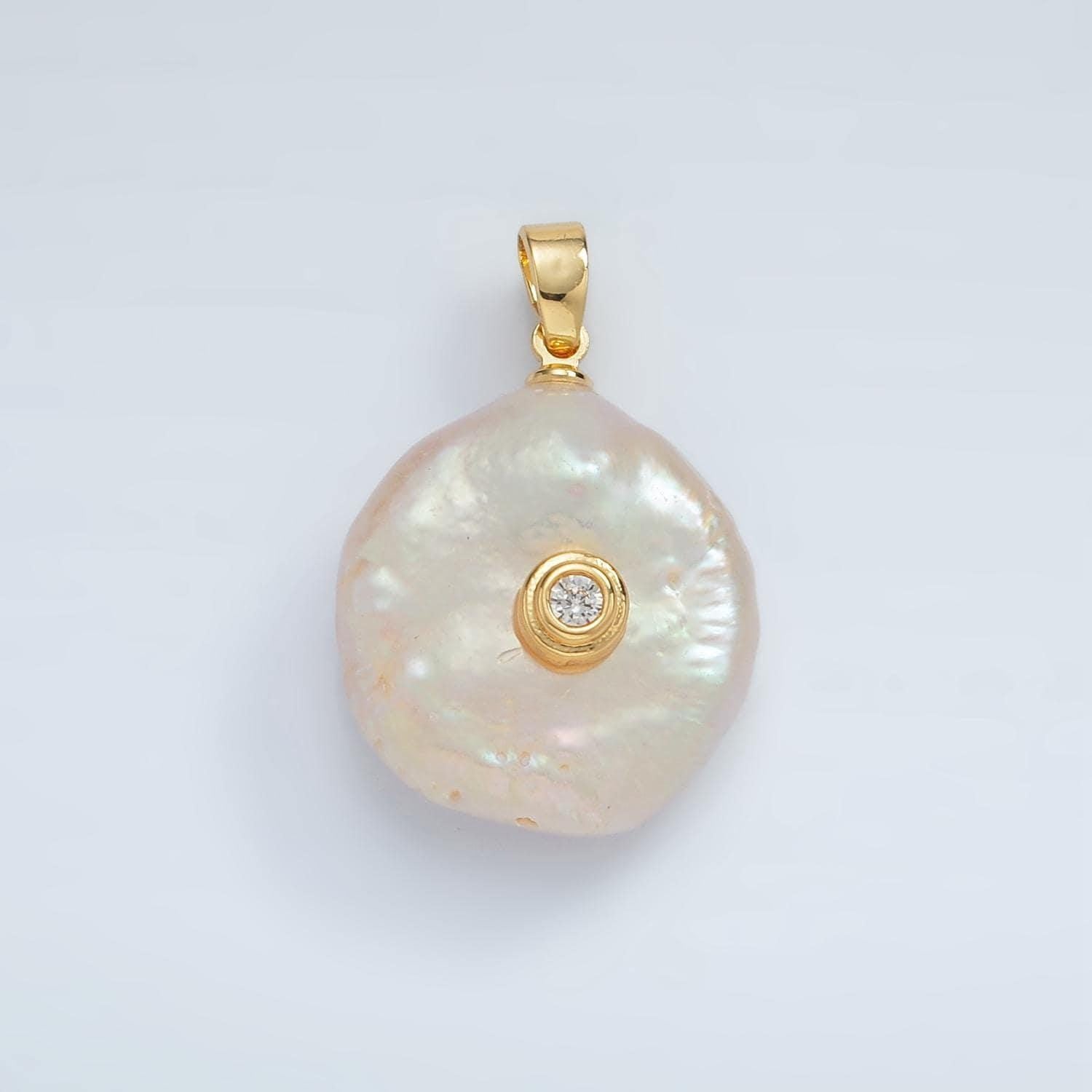 24k gold filled clear micro paved cz clear freshwater pearl pendant | p1758