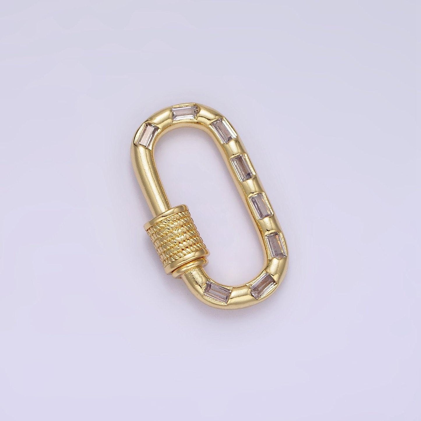 14k gold filled carabiner screw lock cz baguette lined oval clasp for charm holder finding supply in gold & silver | z450