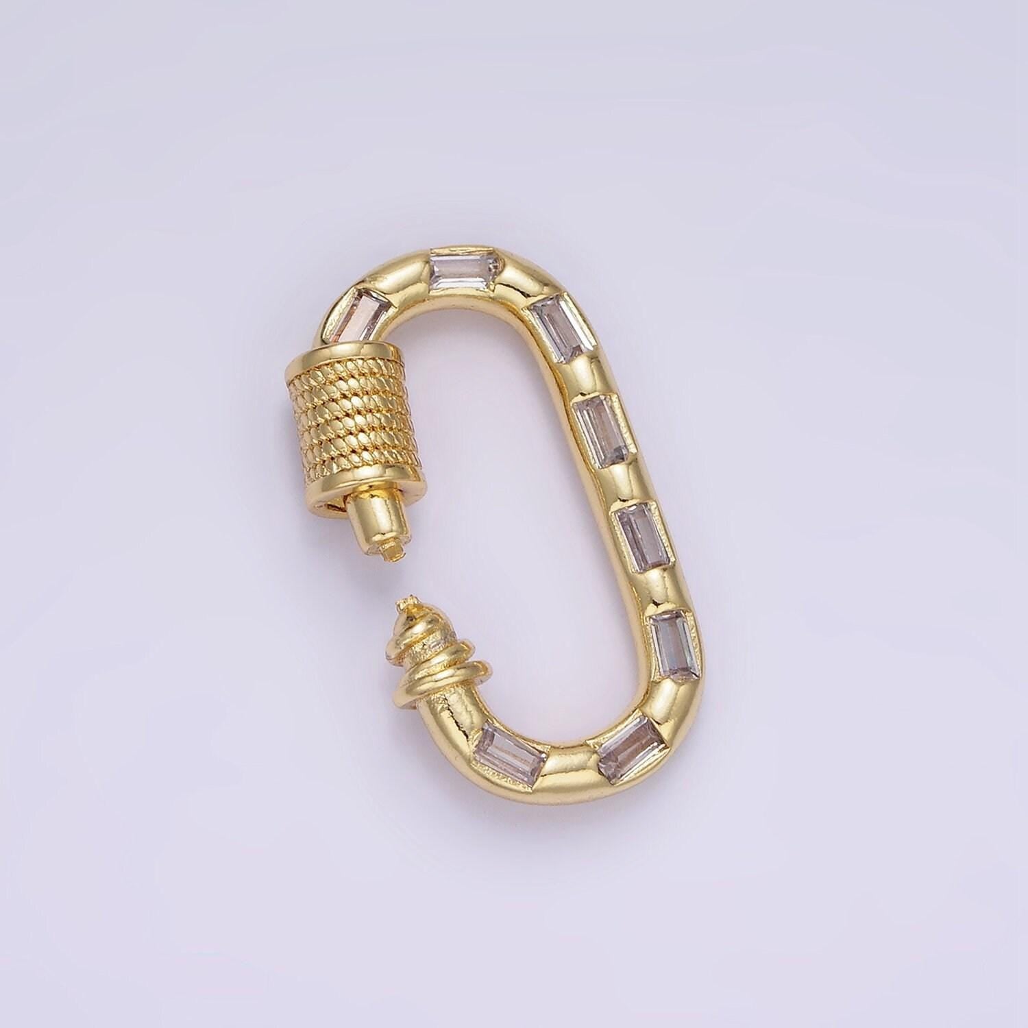 14k gold filled carabiner screw lock cz baguette lined oval clasp for charm holder finding supply in gold & silver | z450