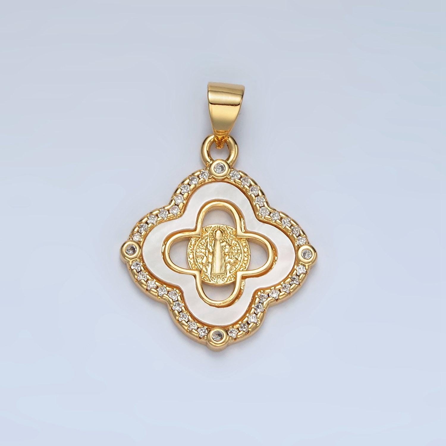 Dainty mother of pearl clover charm with saint benedict pendant for religious bracelet necklace jewelry making san benito pendant i135