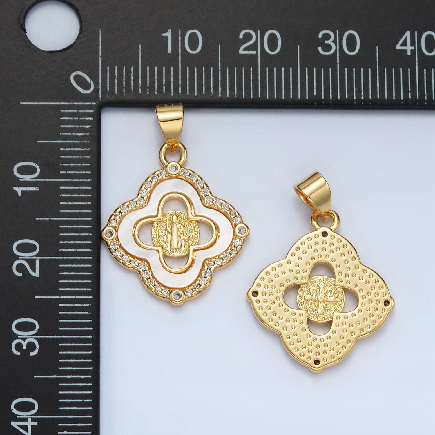 Dainty mother of pearl clover charm with saint benedict pendant for religious bracelet necklace jewelry making san benito pendant i135