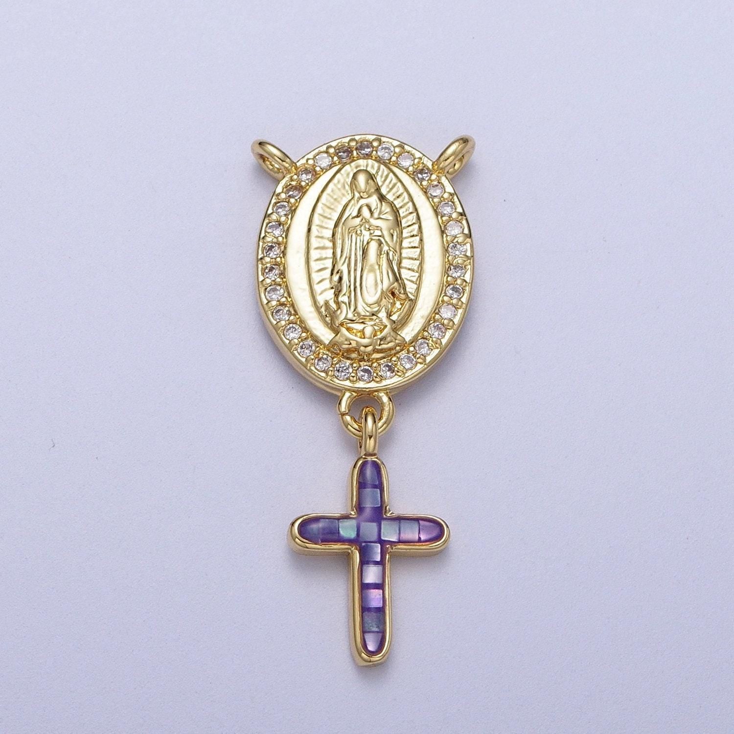 Dainty virgin mary centerpiece y connector rosary charm with cross religious gold filled charm link connector for necklace