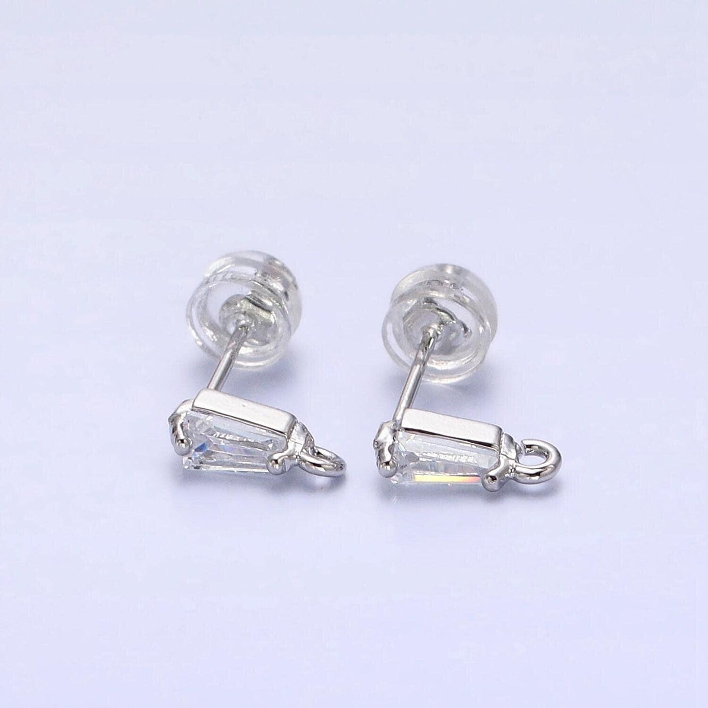 Mini baguette cut cz diamond stud earring gold earring post with open link for earring supply z180 z181