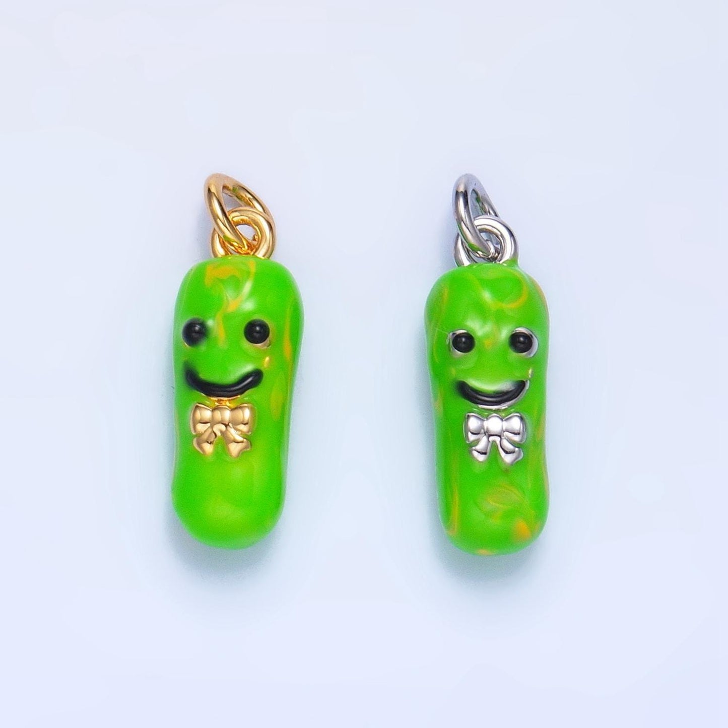 Cute kawaii enamel green pickle with bowtie 24k gold filled charm in gold & silver | w-007
