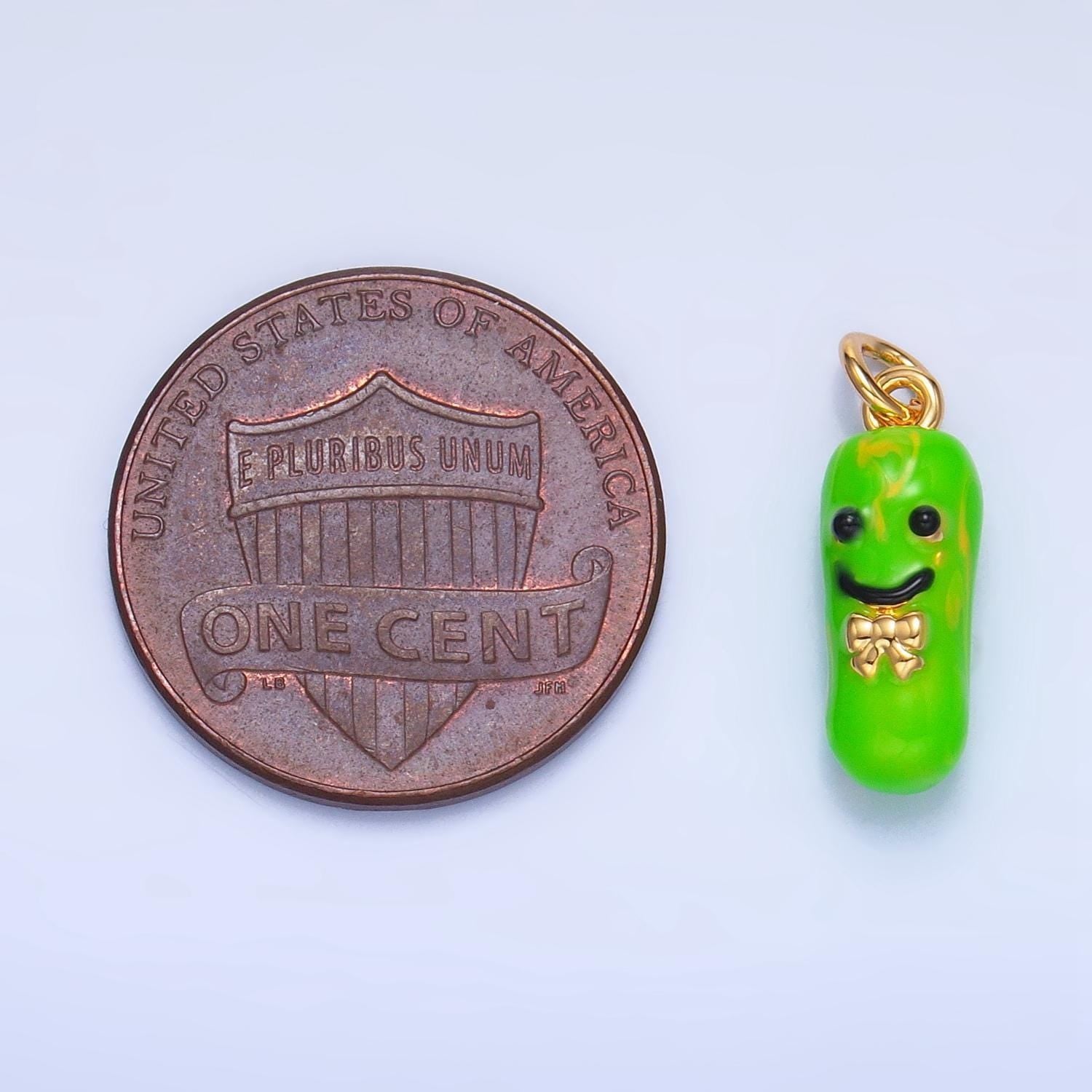 Cute kawaii enamel green pickle with bowtie 24k gold filled charm in gold & silver | w-007