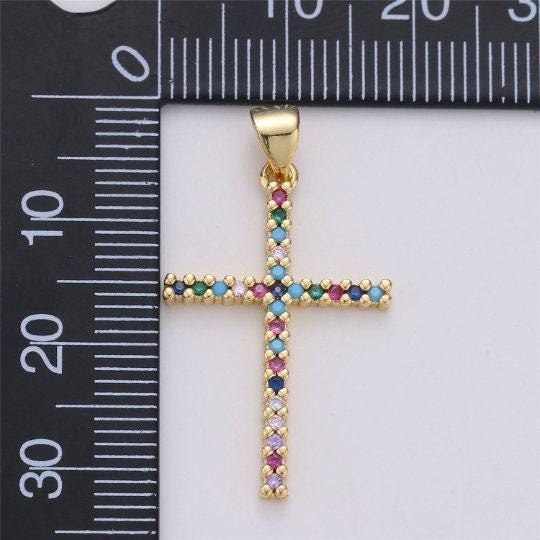 24k gold filled dainty cross pendant with turquoise and micro pave multi color rainbow cubic zirconia cz stone for necklace / earrings i-585