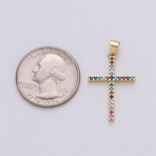 24k gold filled dainty cross pendant with turquoise and micro pave multi color rainbow cubic zirconia cz stone for necklace / earrings i-585