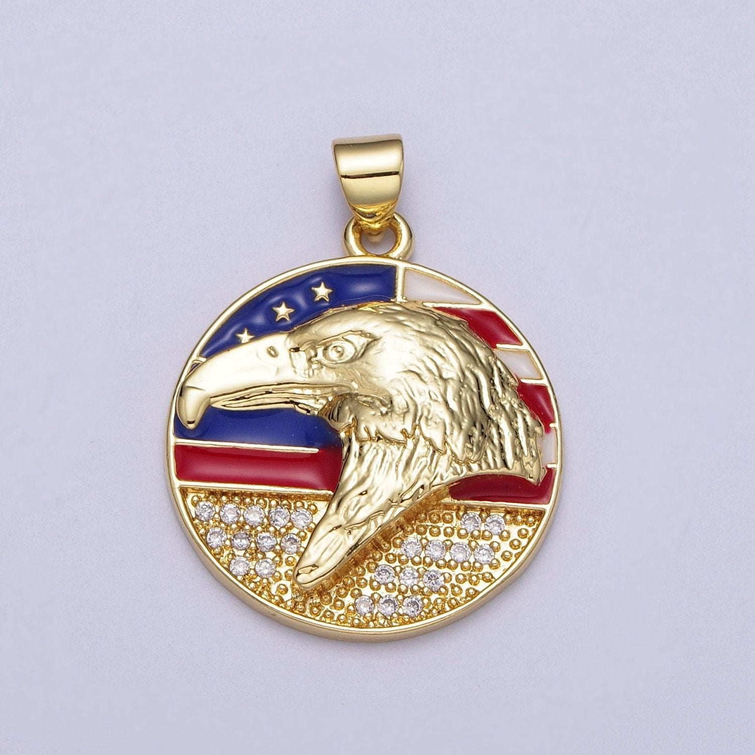 Gold usa patriotic flag bald eagle tag pendant gold plated enamel american flag clear micro paved cz charm usa president vote pendant | i188