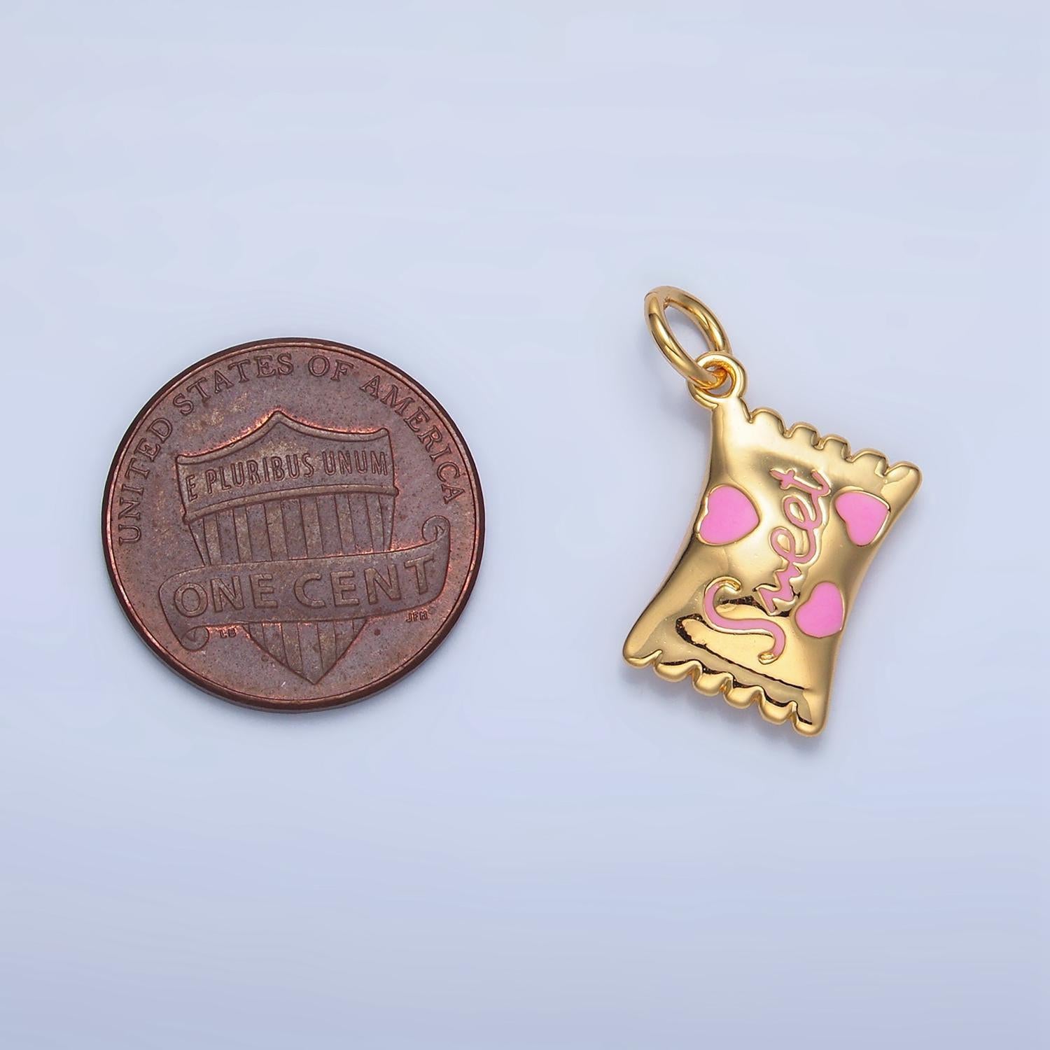 14k gold filled heart candy sweet script enamel wrapper puffed add-on charm food snack jewelry inspired | x823