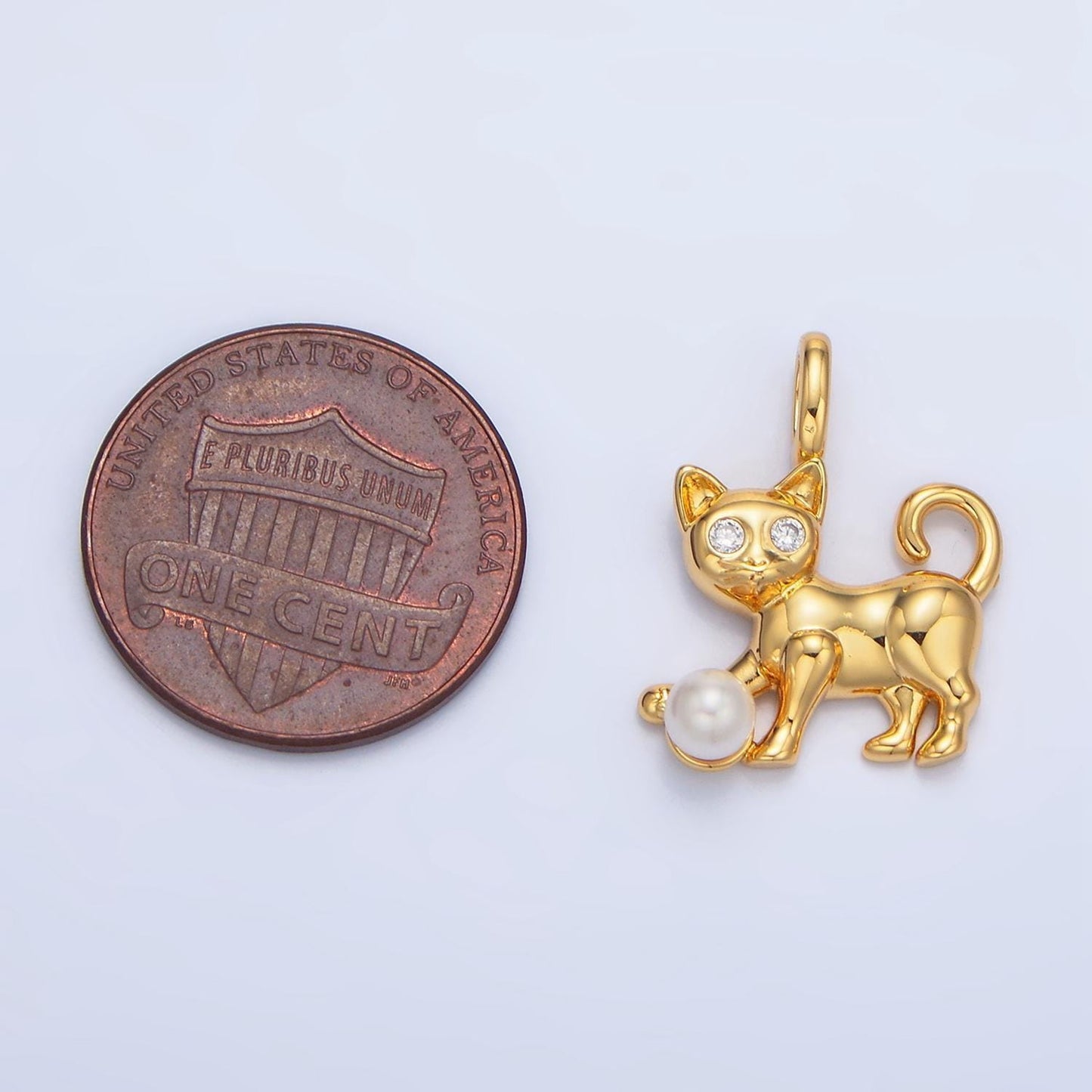 Cz kitten playing w/ pearl ball, 24k gold filled animal pendant | aa-941