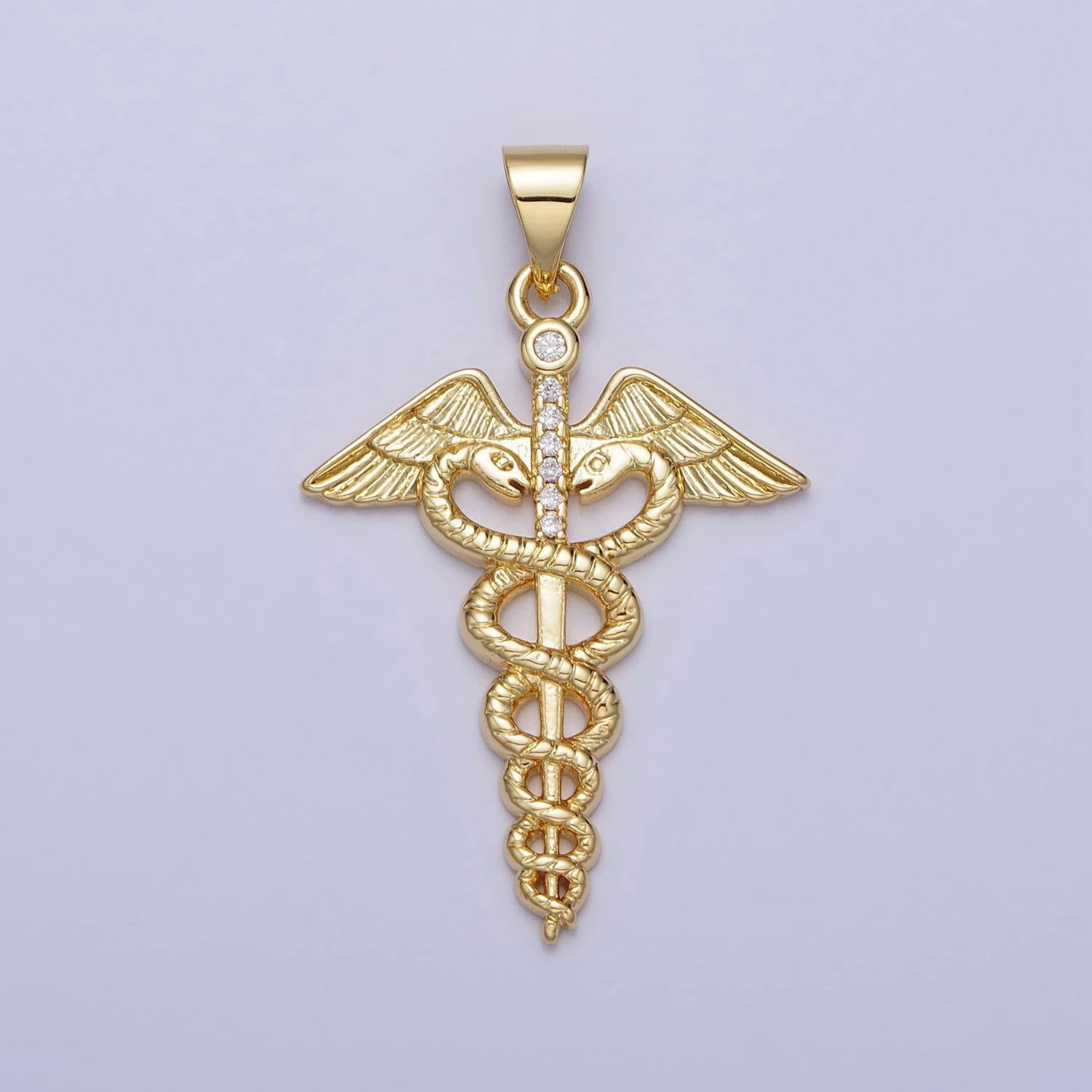 Gold medicine caduceus symbol medical doctor nurse gift idea roman mercury micro paved cz pendant | aa155