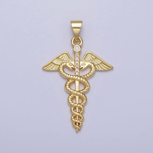 Gold medicine caduceus symbol medical doctor nurse gift idea roman mercury micro paved cz pendant | aa155