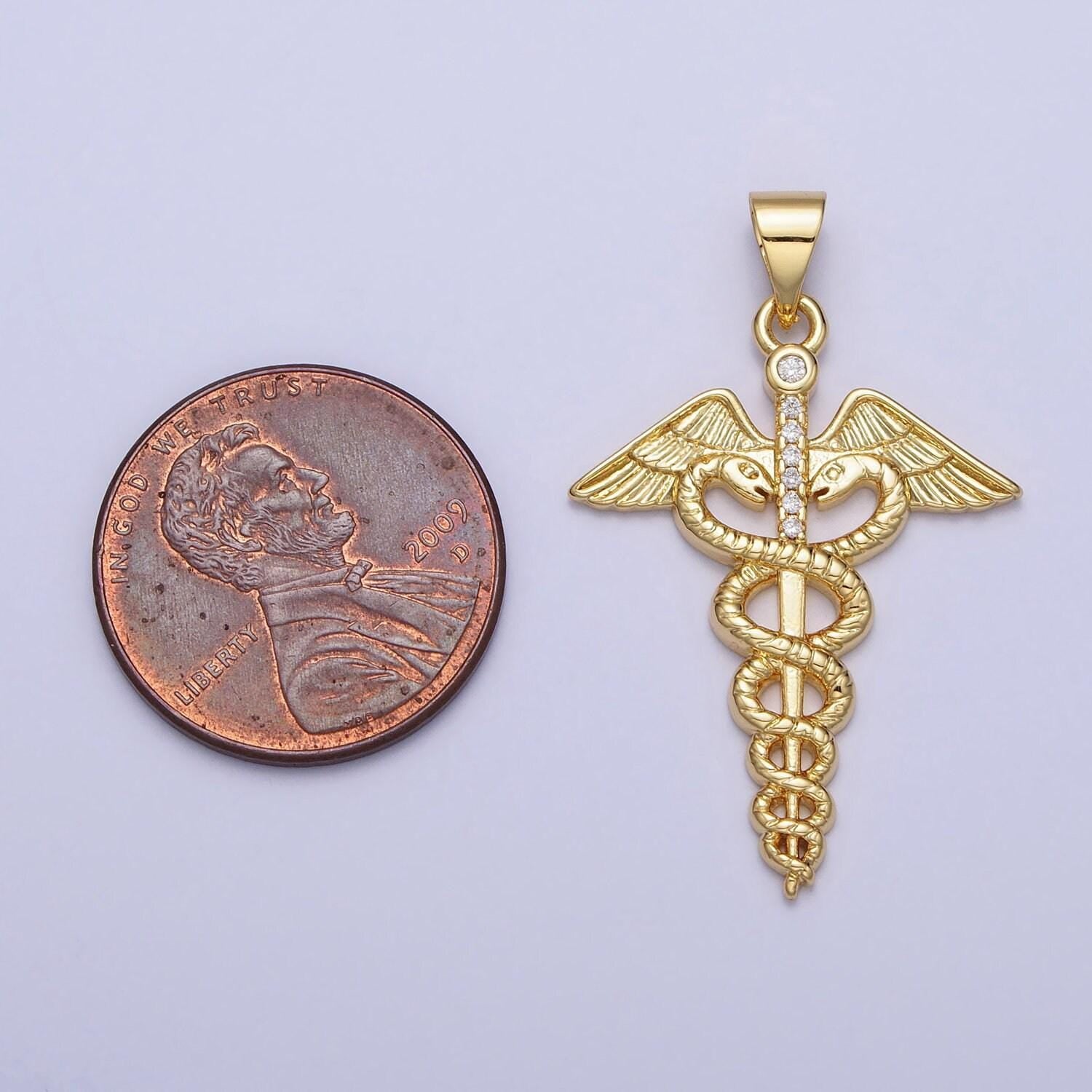 Gold medicine caduceus symbol medical doctor nurse gift idea roman mercury micro paved cz pendant | aa155