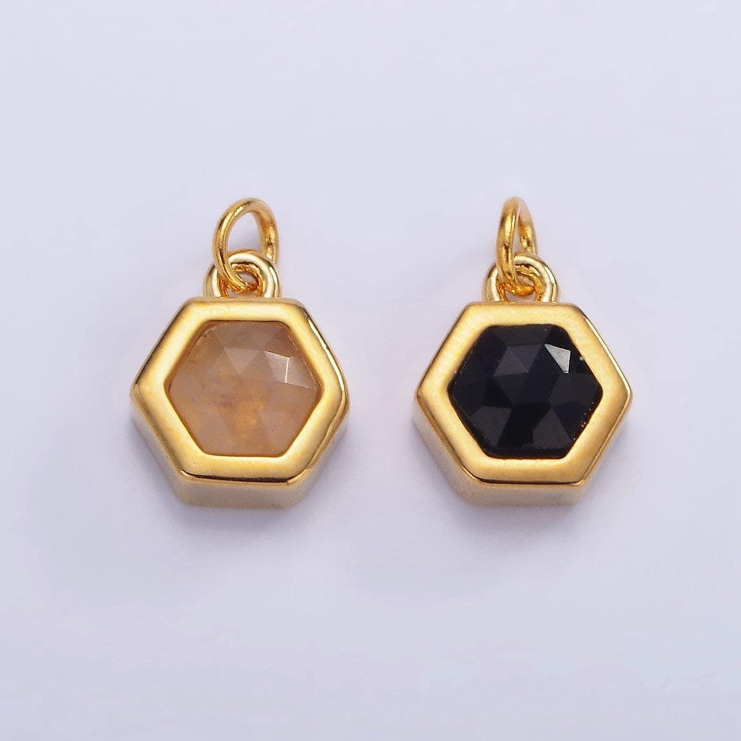 Dainty black glass hexagon charm 8.5mm peach glass hexagon pendant 24k gold filled charm for minimalist jewelry add on charm ag684