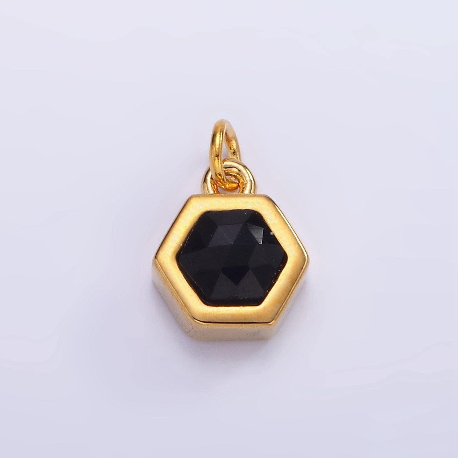 Dainty black glass hexagon charm 8.5mm peach glass hexagon pendant 24k gold filled charm for minimalist jewelry add on charm ag684