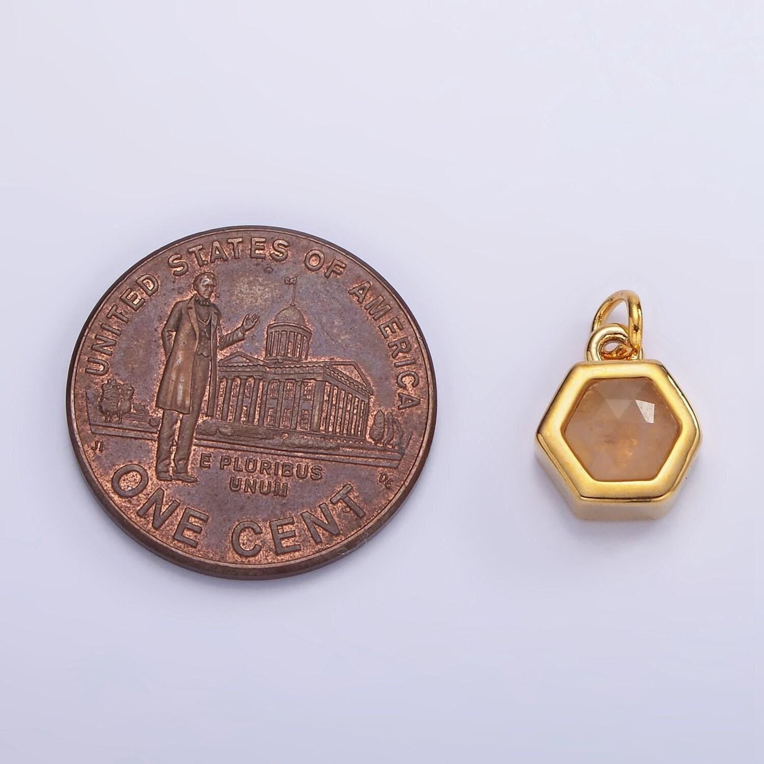 Dainty black glass hexagon charm 8.5mm peach glass hexagon pendant 24k gold filled charm for minimalist jewelry add on charm ag684