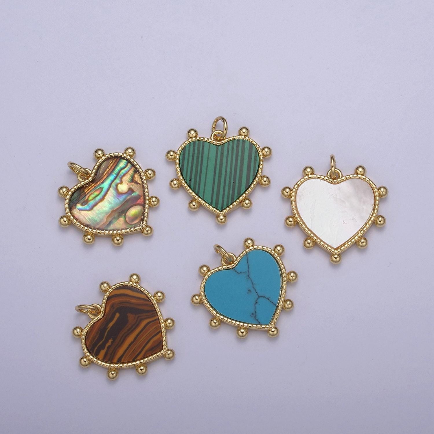 14k gold filled pearl, tiger eye, turquoise abalone shell charm pendant beaded heart love charm for necklace bracelet jewelry making n-642