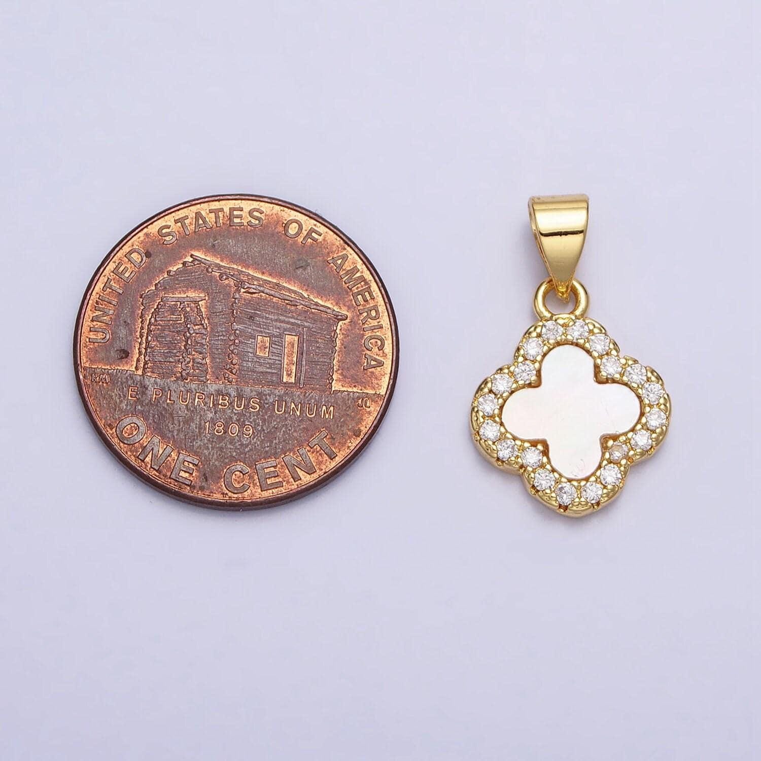 Mini 24k gold filled clover quatrefoil shell pearl micro paved cz pendant | aa206