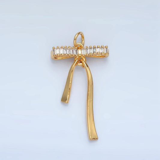 24k gold filled bow charm baguette cz ribbon pendant, diy fashion jewelry making supply for necklace, bracelet n1376