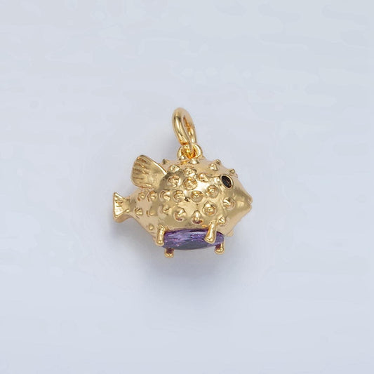 24k gold filled 10mm puffer gold fish charm with purple cz stone under the sea animal charm | d855