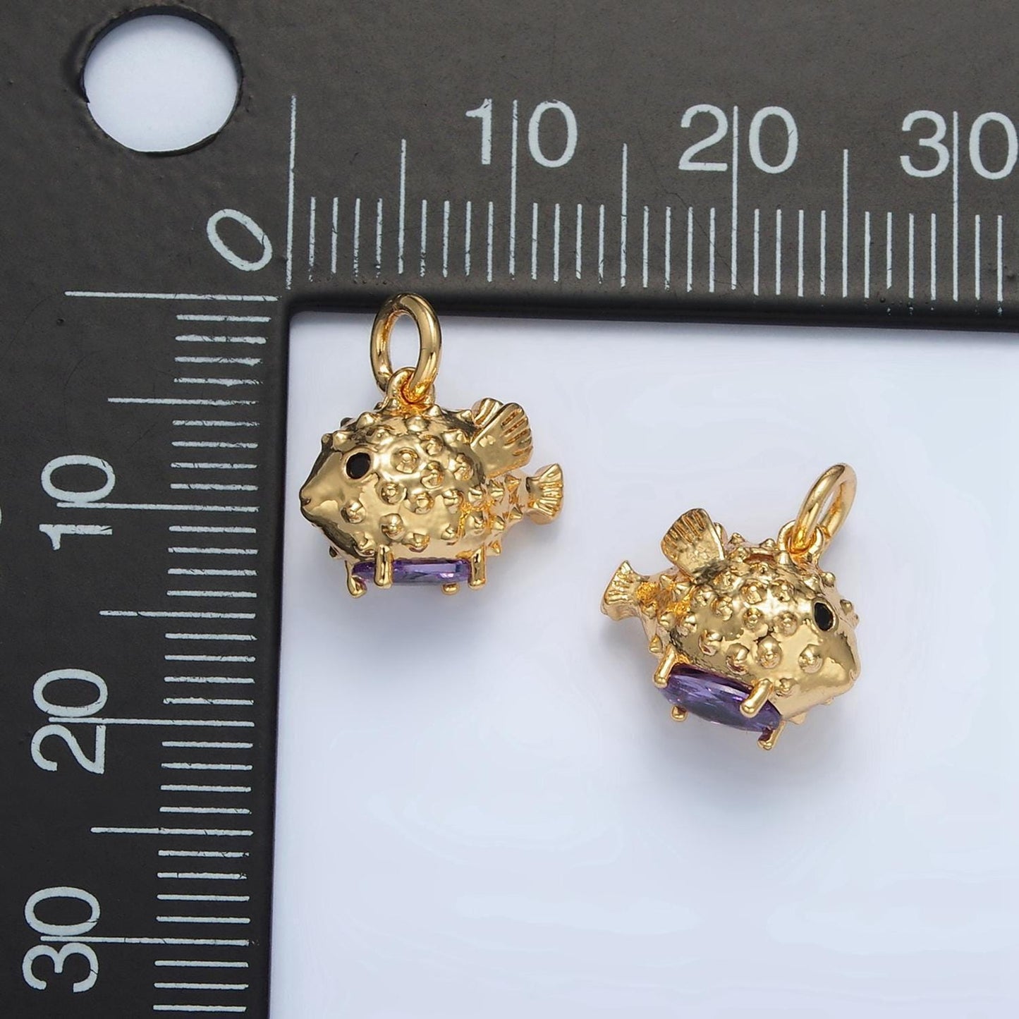 24k gold filled 10mm puffer gold fish charm with purple cz stone under the sea animal charm | d855