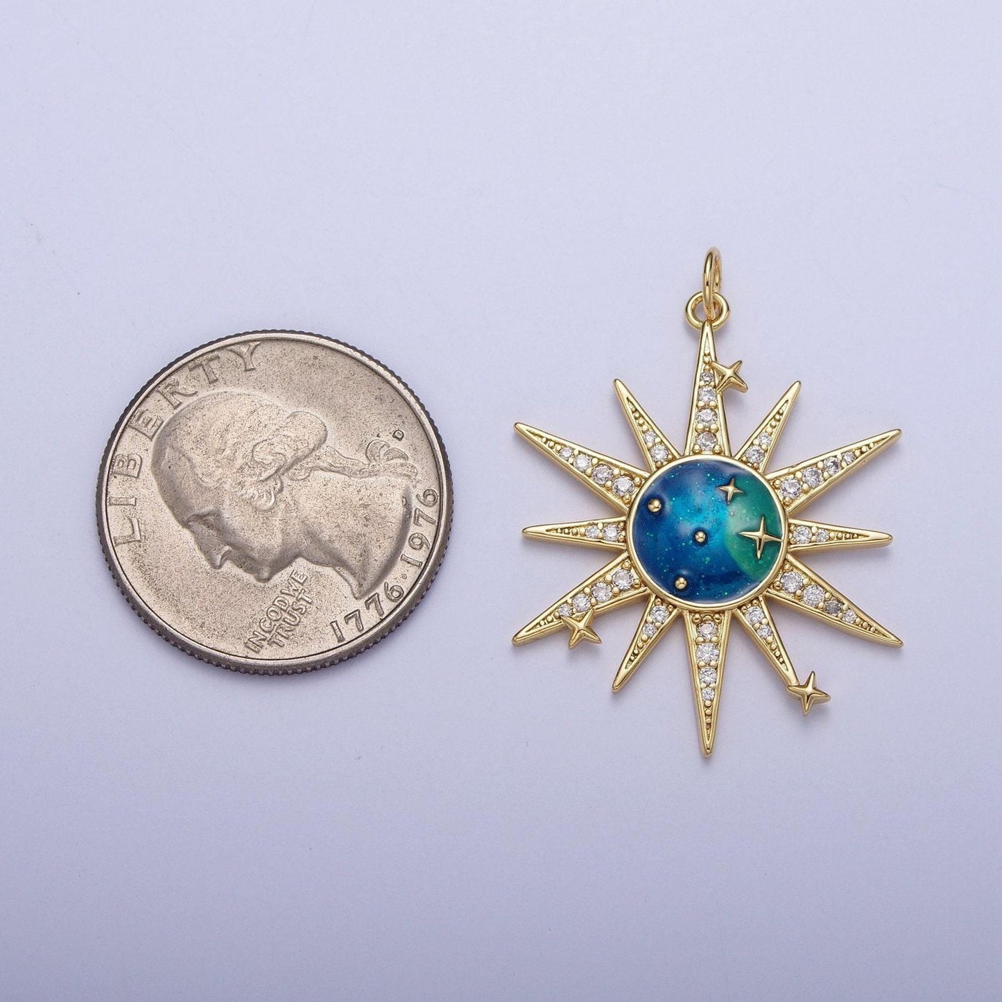 Gold galaxies celestial pendant, 24k gold plated galaxies enamel center clear micro paved cz sun burst charm | x-709