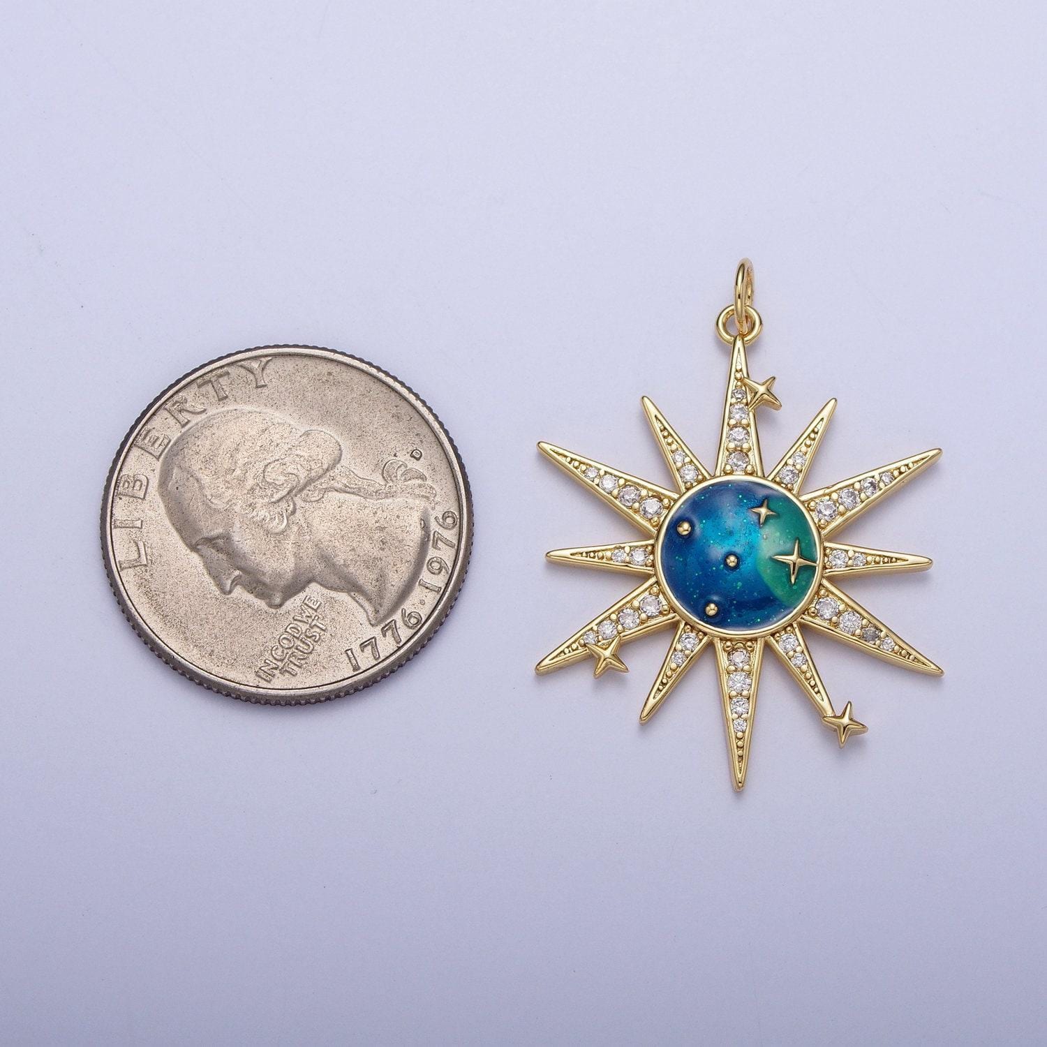 Gold galaxies celestial pendant, 24k gold plated galaxies enamel center clear micro paved cz sun burst charm | x-709
