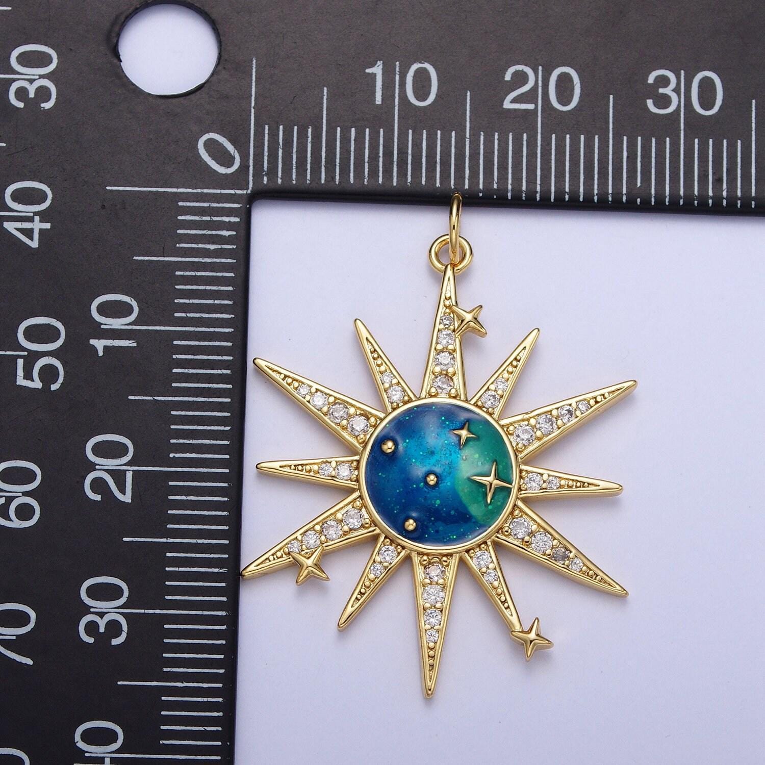 Gold galaxies celestial pendant, 24k gold plated galaxies enamel center clear micro paved cz sun burst charm | x-709
