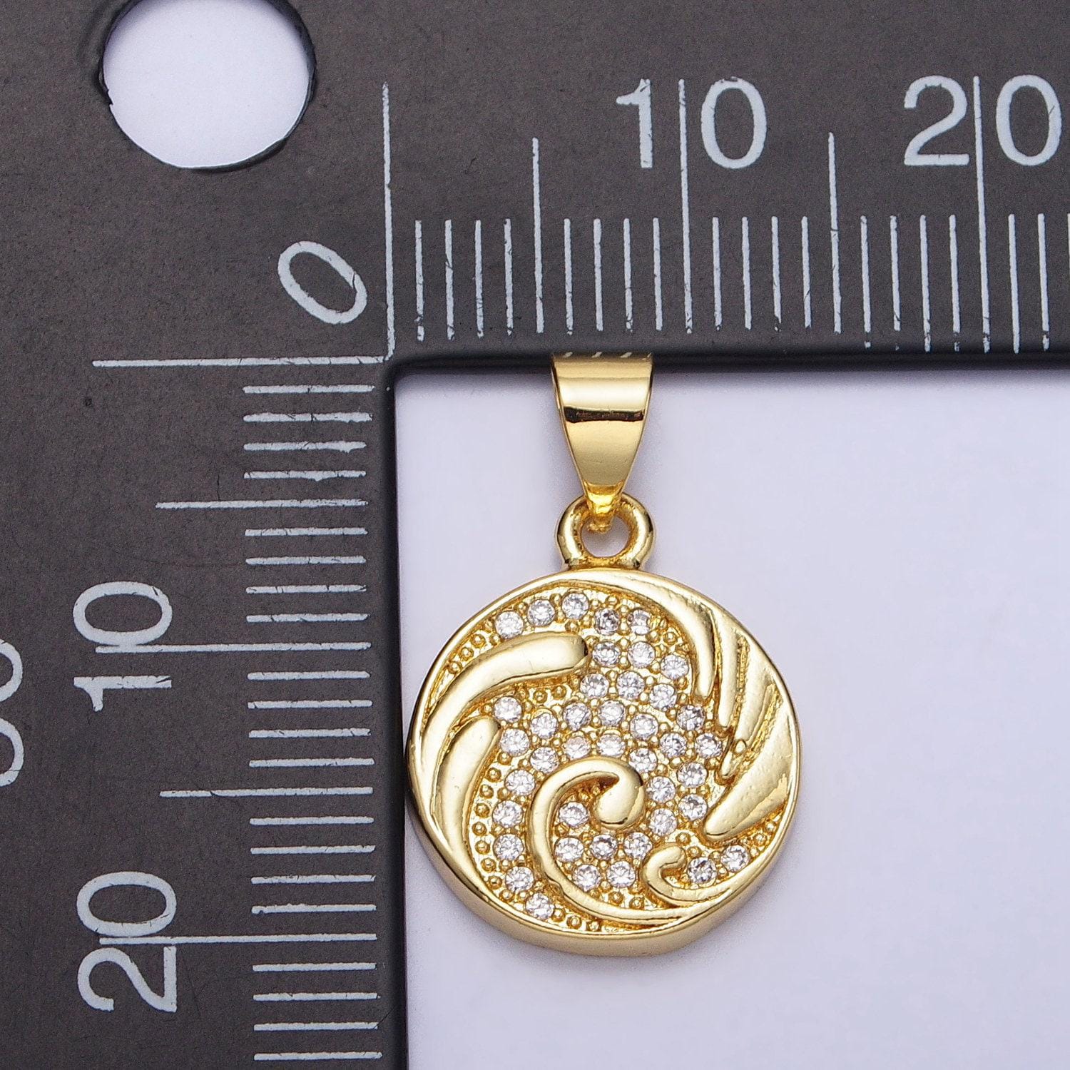 Gold micro paved cz swirl curved round pendant cubic wave ocean charm | aa086