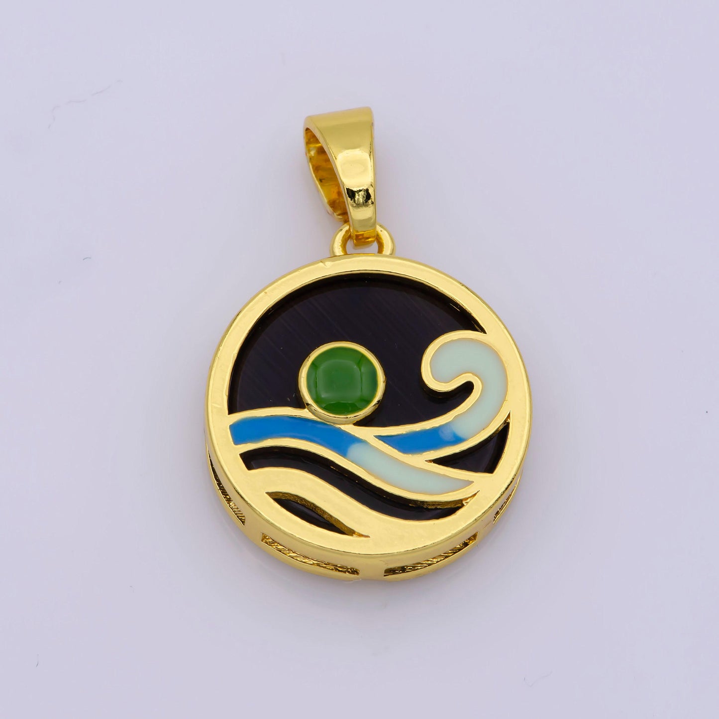Ocean wave charms, blue enamel wave pendant beach nature charm coin wave jewelry 14k gold fileld supplies