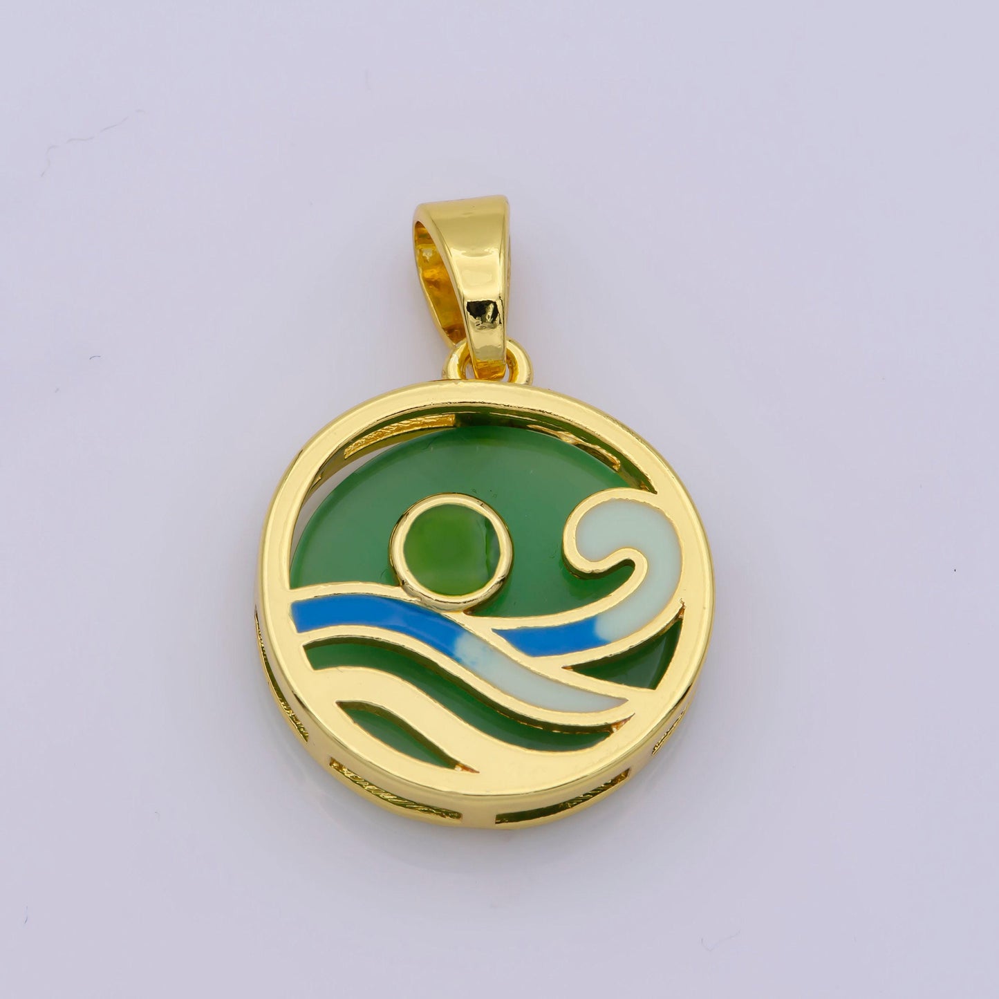 Ocean wave charms, blue enamel wave pendant beach nature charm coin wave jewelry 14k gold fileld supplies