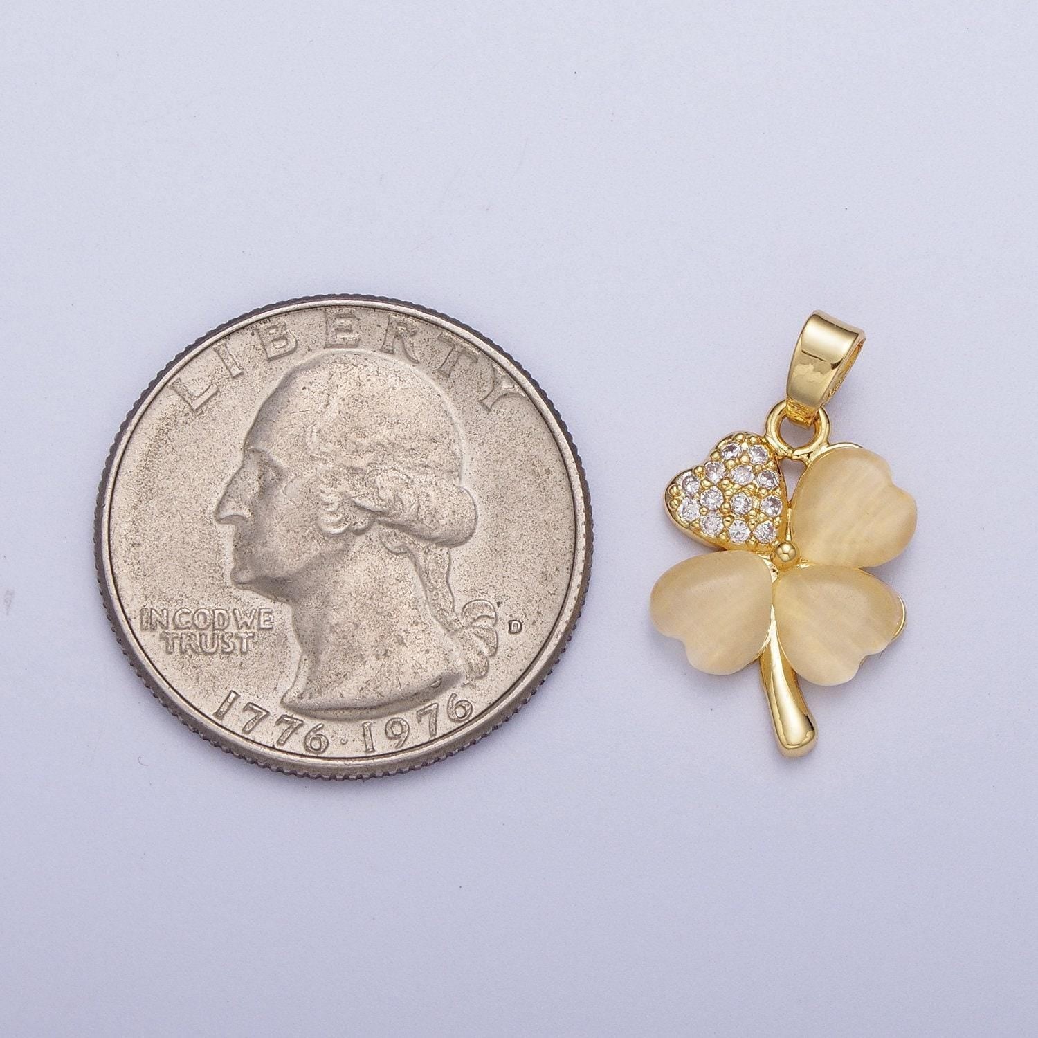 Gold cz jade yellow four-leaf clover pendant, 24k gold plated yellow jade hearts w. clear micro paved cz crystals charm | x-542