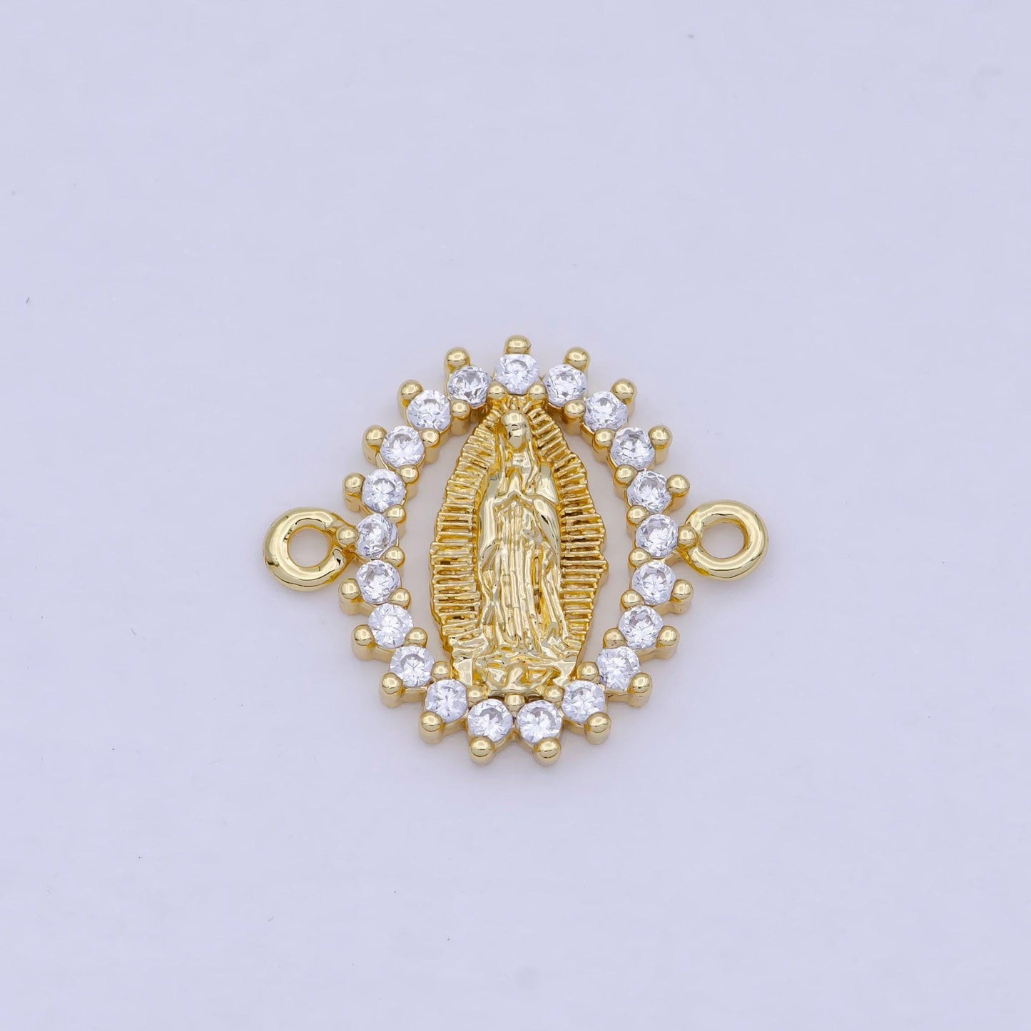 Gold oval virgin mary charm connector, 24k gold filled clear micro pave cz oval lady of guadalupe religious medallion link connector | g-911