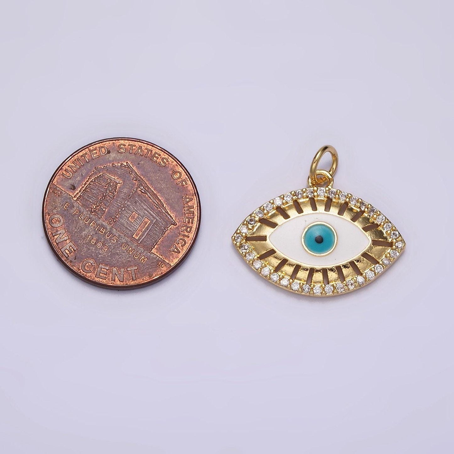 16k gold filled teal blue evil eye open bar micro paved cz charm | ac1421