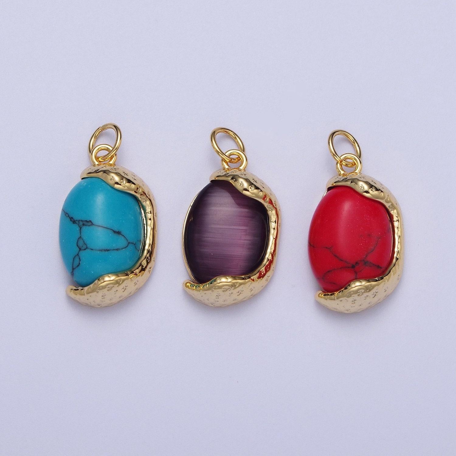 Red magnesite, purple cabochon cat's eye, turquoise cabochon gemstones, 24k gold plated & silver white gold filled egg gemstone pendants