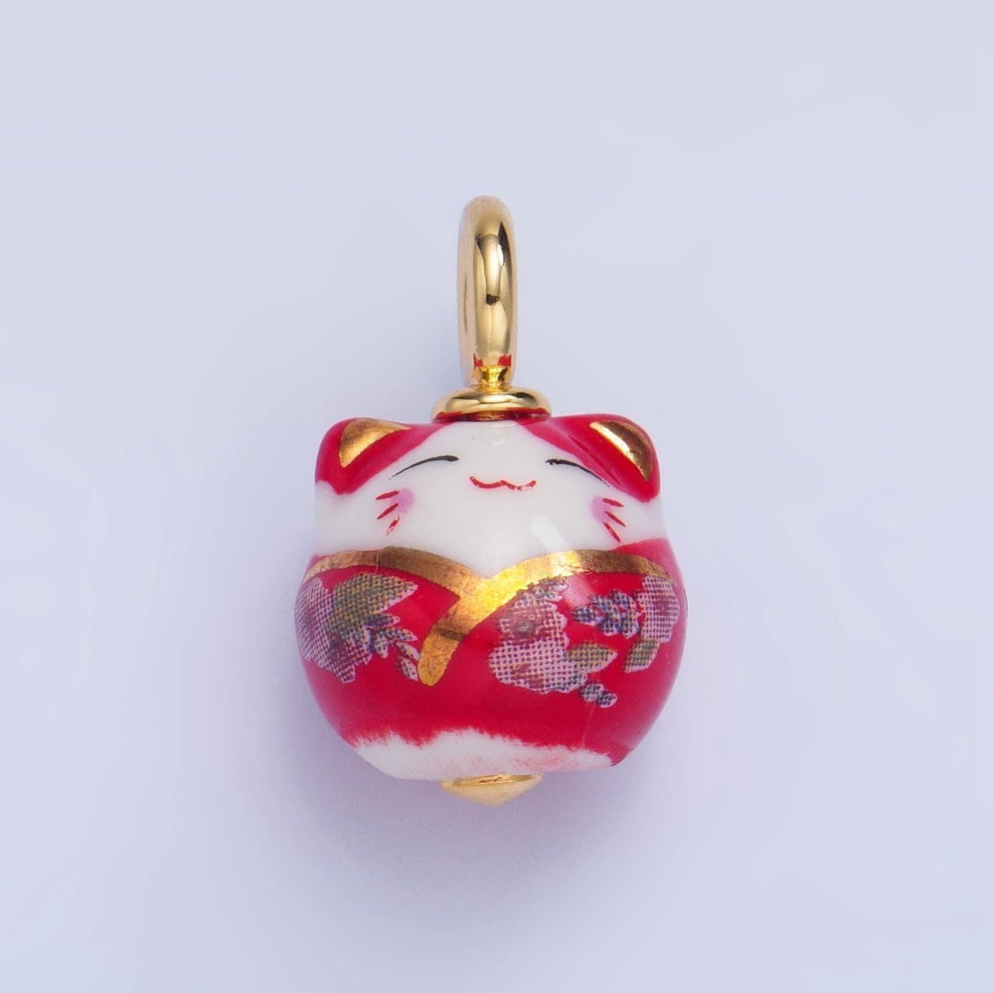 Dainty gold porcelain lucky cat charm 13mm handmade ceramic maneki neko, kawaii animal beads x918