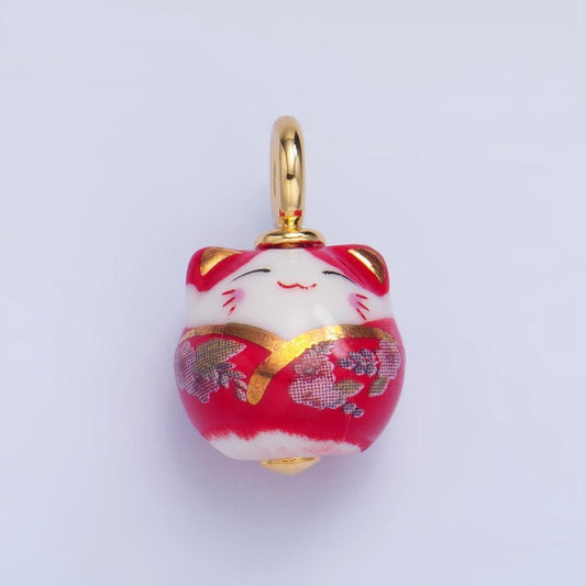 Dainty gold porcelain lucky cat charm 13mm handmade ceramic maneki neko, kawaii animal beads x918