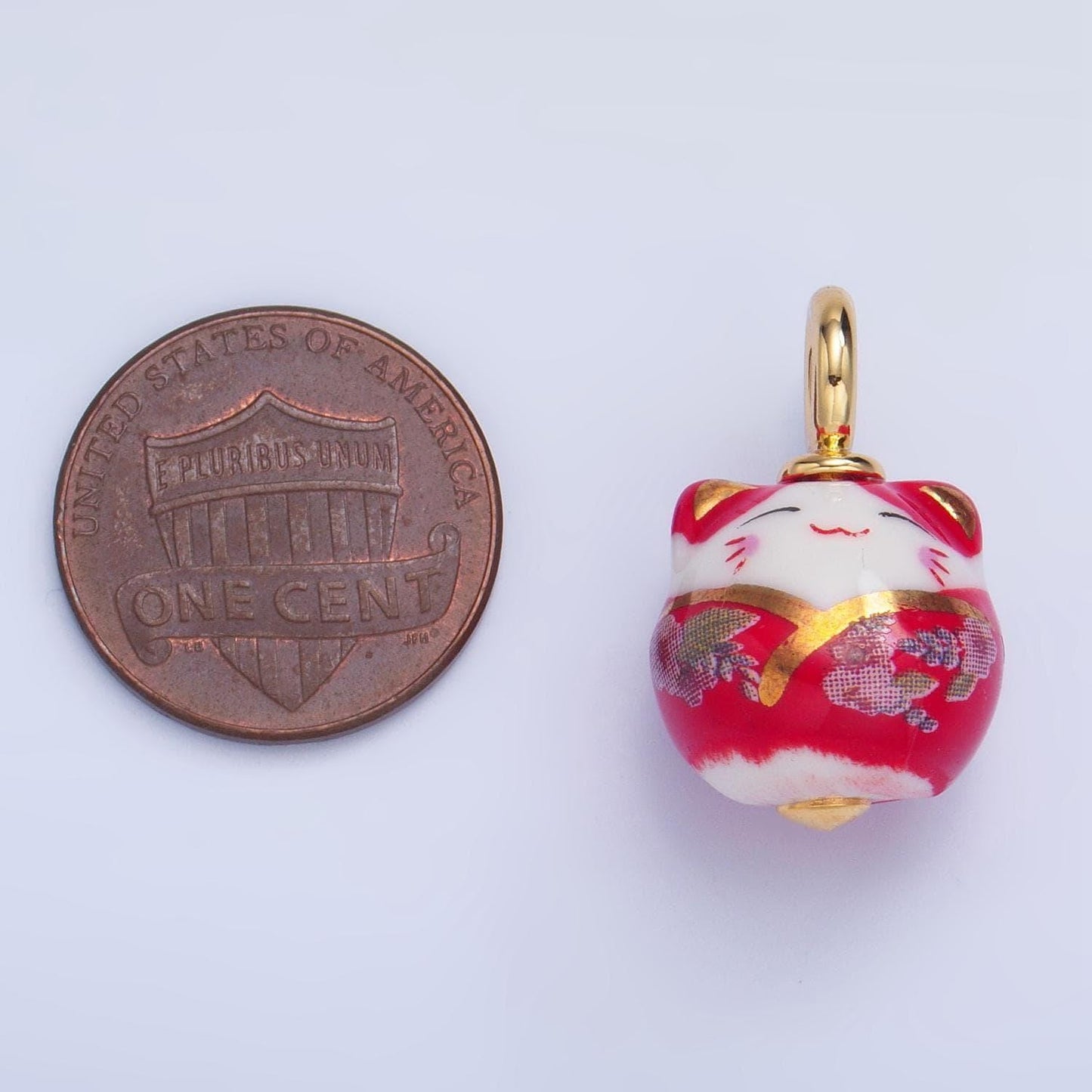 Dainty gold porcelain lucky cat charm 13mm handmade ceramic maneki neko, kawaii animal beads x918