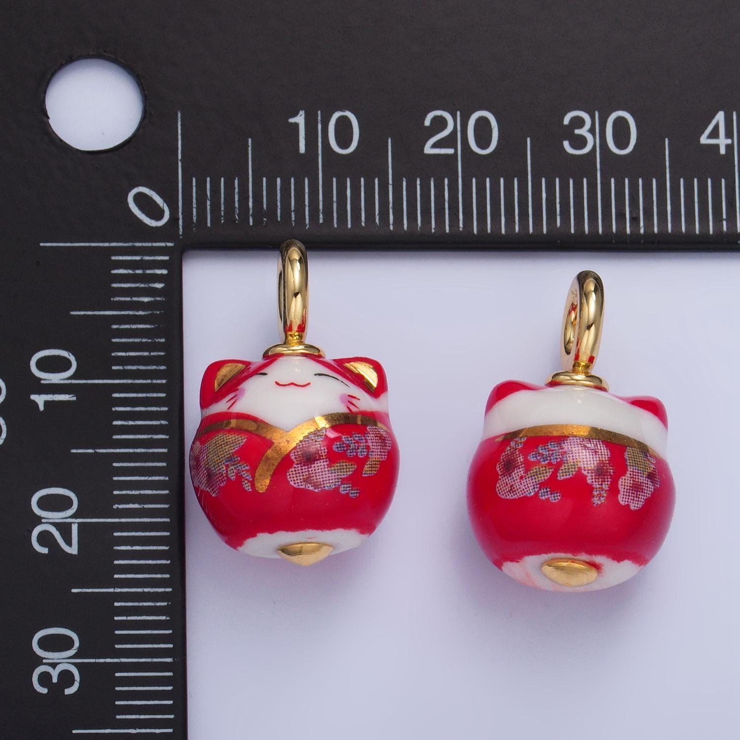 Dainty gold porcelain lucky cat charm 13mm handmade ceramic maneki neko, kawaii animal beads x918
