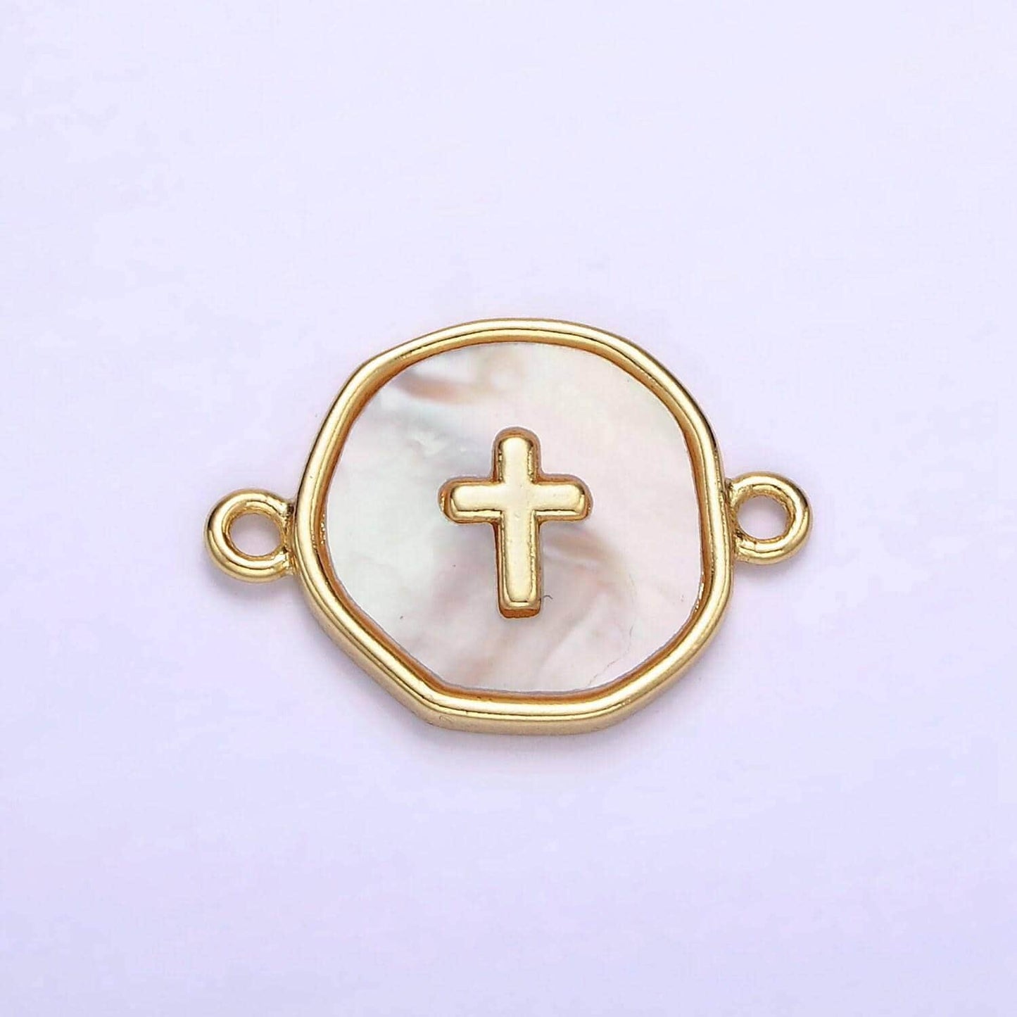 14k gold filled round coin cross charm connector shell pearl link connector | g-287