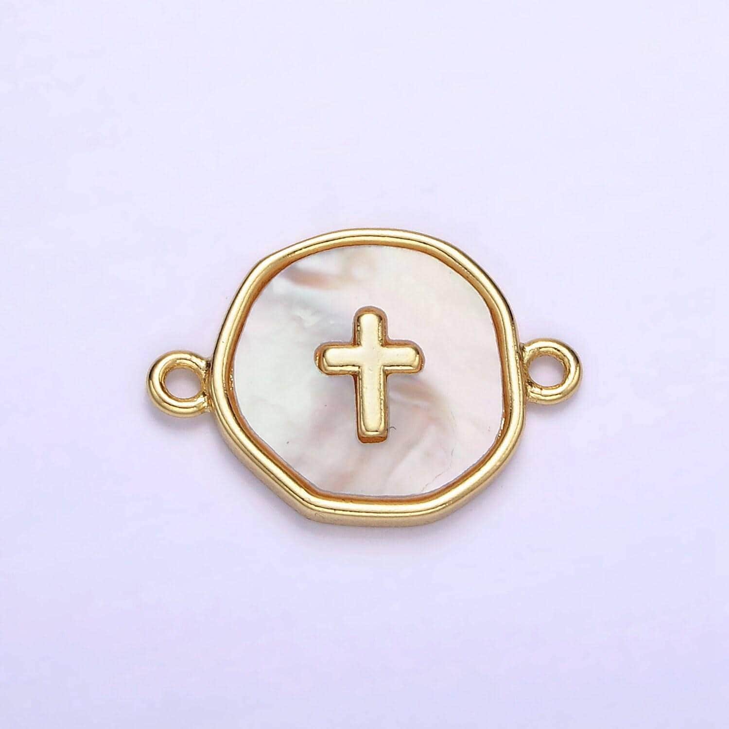 14k gold filled round coin cross charm connector shell pearl link connector | g-287